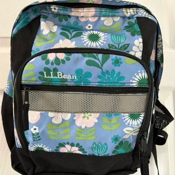 L.L.Bean Floral School Backpack Blue Green Book Bag Laptop Travel Bag - Picture 2 of 12